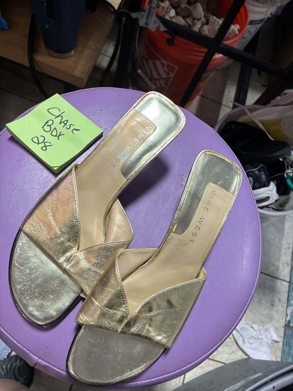 Nine West Metallic Gold Crossover Strap Heeled Mule Sandals Size 9M